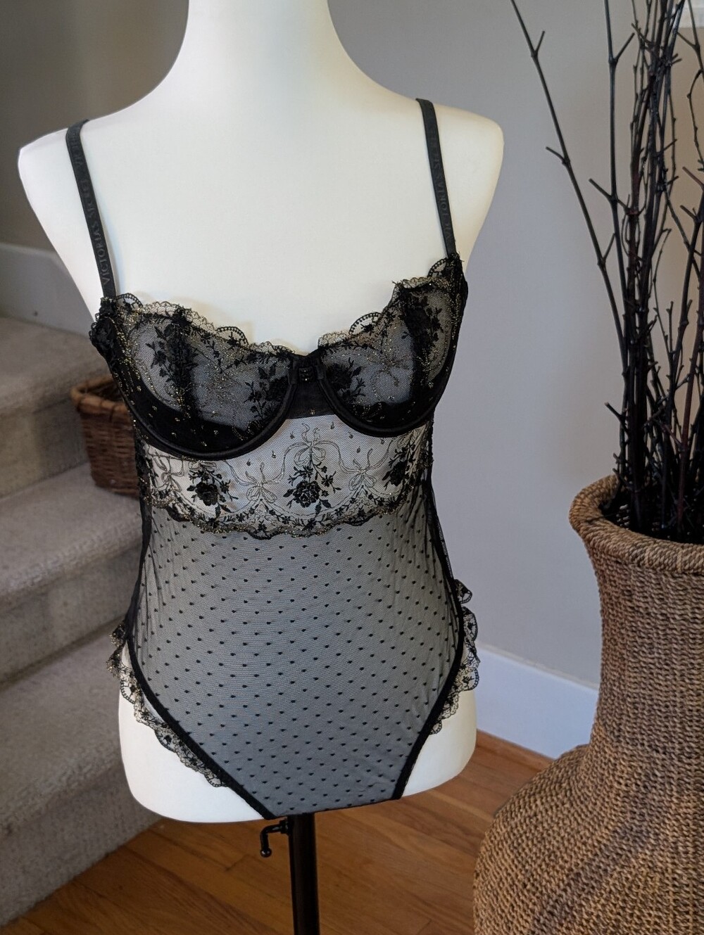 Sheer Lace Embroidered Mesh Teddy Bodysuit Black Gold Romantic Coquette M NWOT